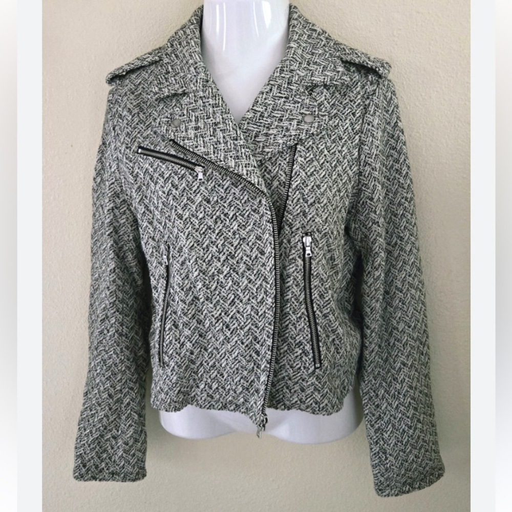GAP Women's Black/White Tweed Herringbone Bomber Jacket wool/polyester/acrylic